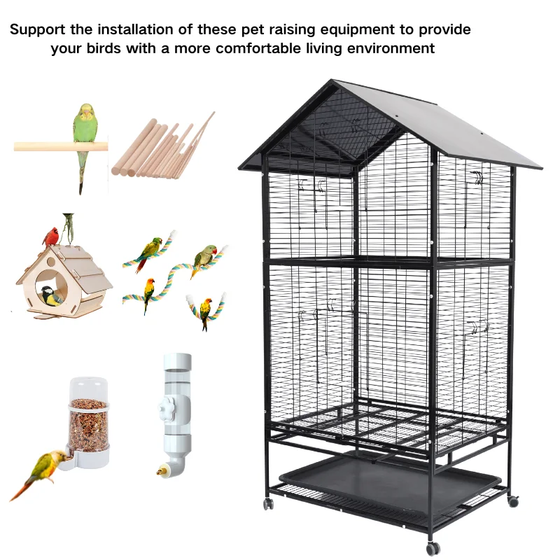 Wholesale Large Metal Birdhouse Movable Universal Wheel Wire Parrot Cage, Spacious Metal Bird Cage Parrot Cage