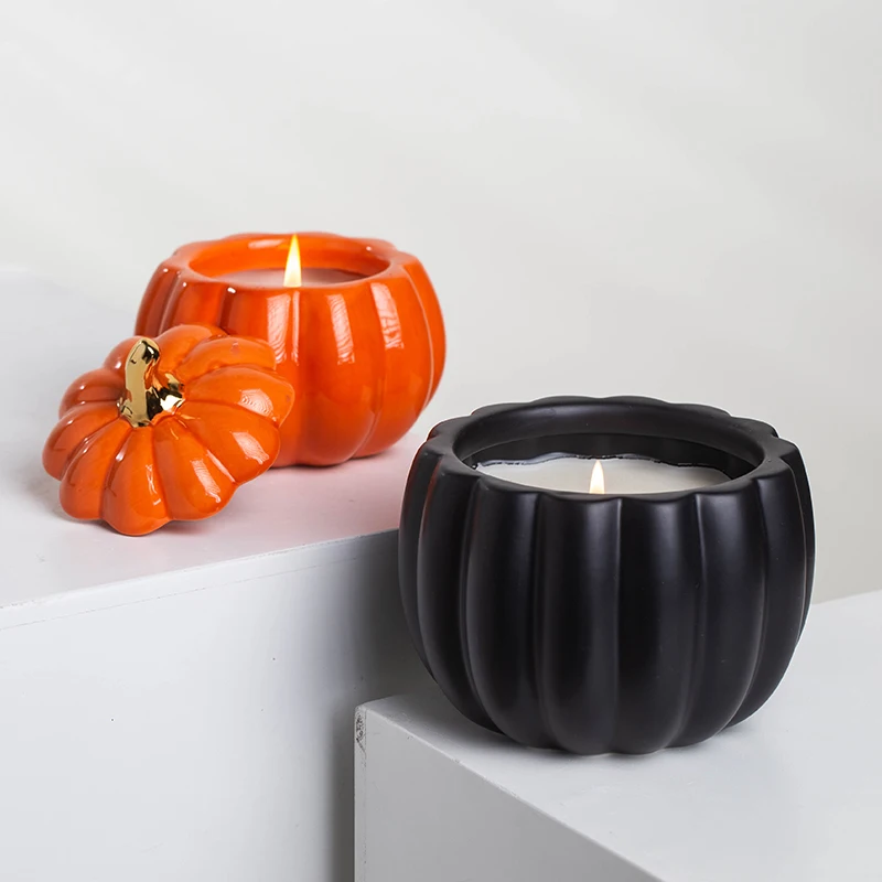 YUANWANG Custom Bougies Pumpkin Wholesale Candle Vessels Ceranic Empty Black Candle Jar With Lid