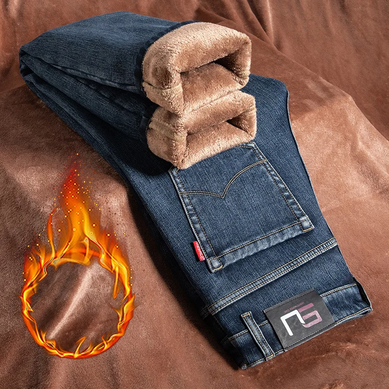 Wholesale High Quality Casual Stretch Straight Winter Thick Fleece Jeans for Men