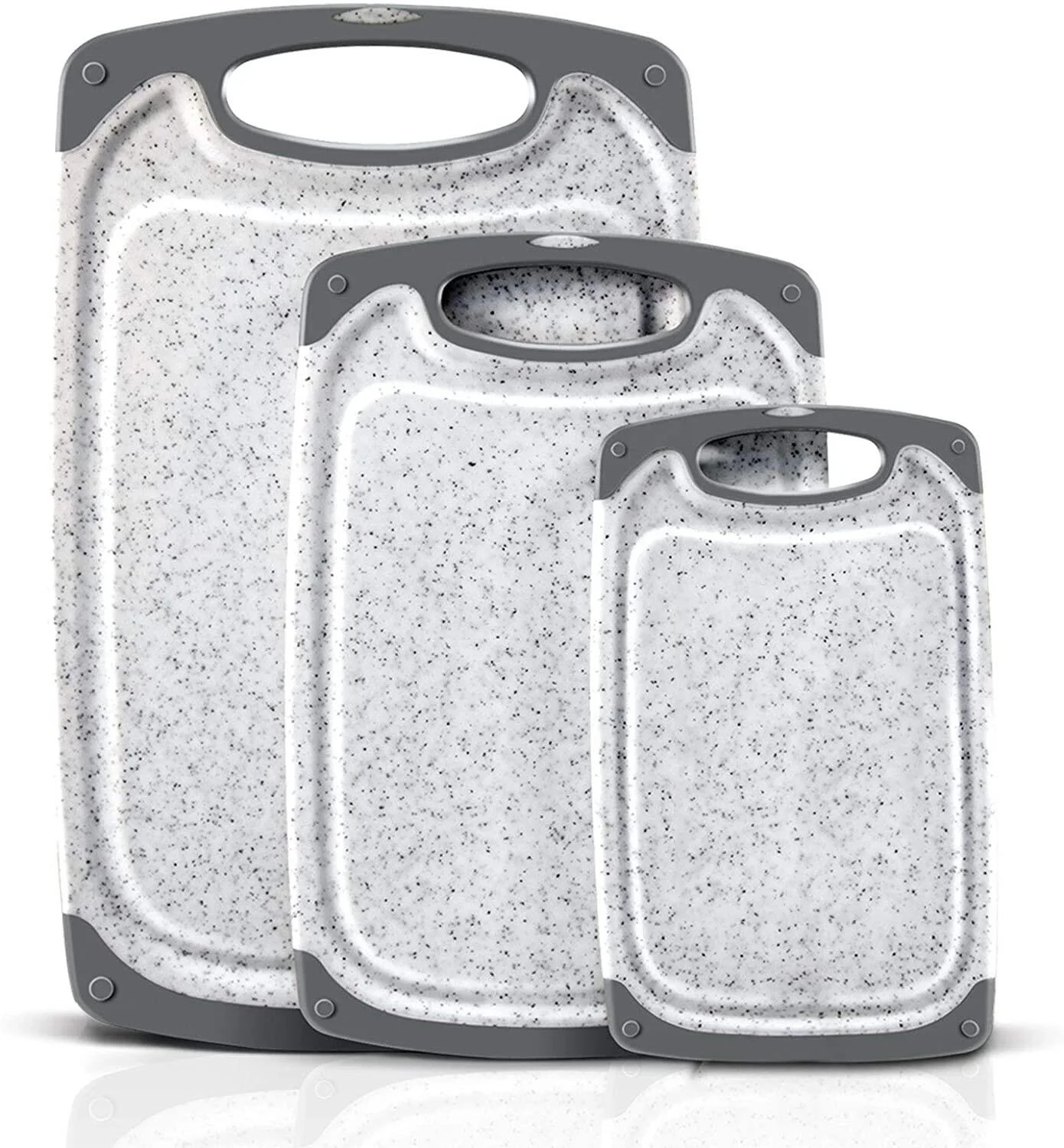 Anti-slip 3 Pieces Plastic Chopping Boards Set with Hanging Grip Handle Deep Juice Groove Black Marble Slab Cutting Board