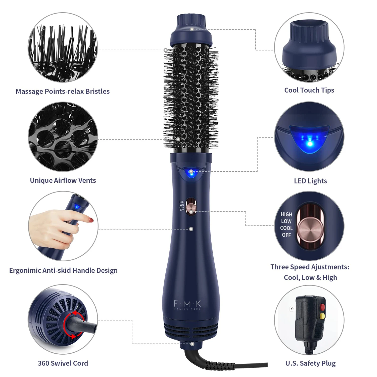 FMK Hot Selling Fashion Ionic Hot Air Brush  Electric Hair Dryer Hot Comb Hair Curling iron  2-in-1 Hair Drying &Volumizing Comb