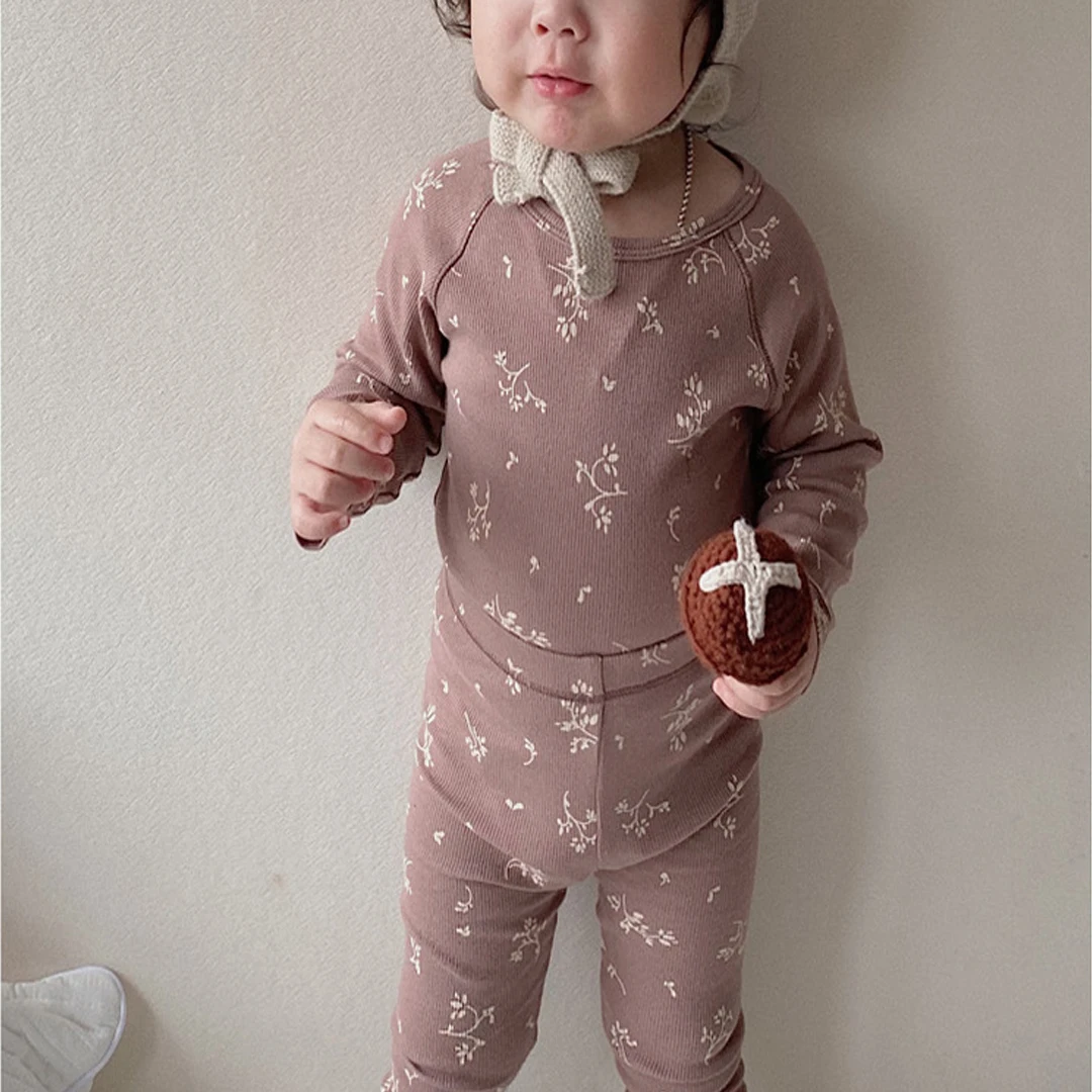 Paleo OEM Child 2 Piece Sets Little Kids Winter Home Baby Clothes Set Super Soft Cotton Ribbed Toddler Boy Girls Clothing Sets