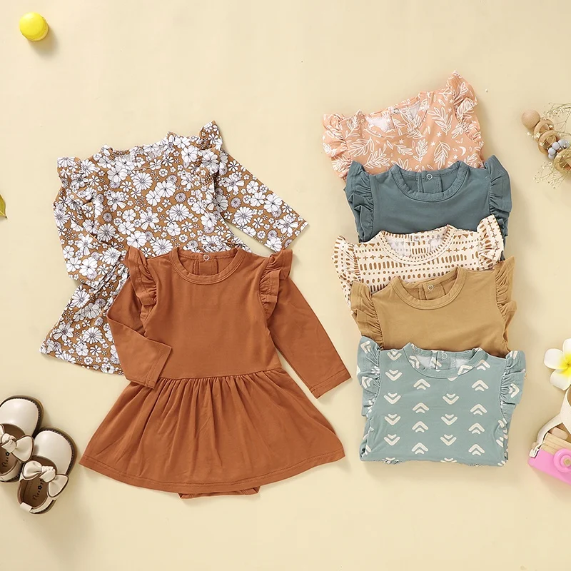 Wholesale Baby Skirted Bodysuit Infant Toddler Twirl Dress Long Sleeve Bamboo Romper Dress Apparel With Shoulder Snaps