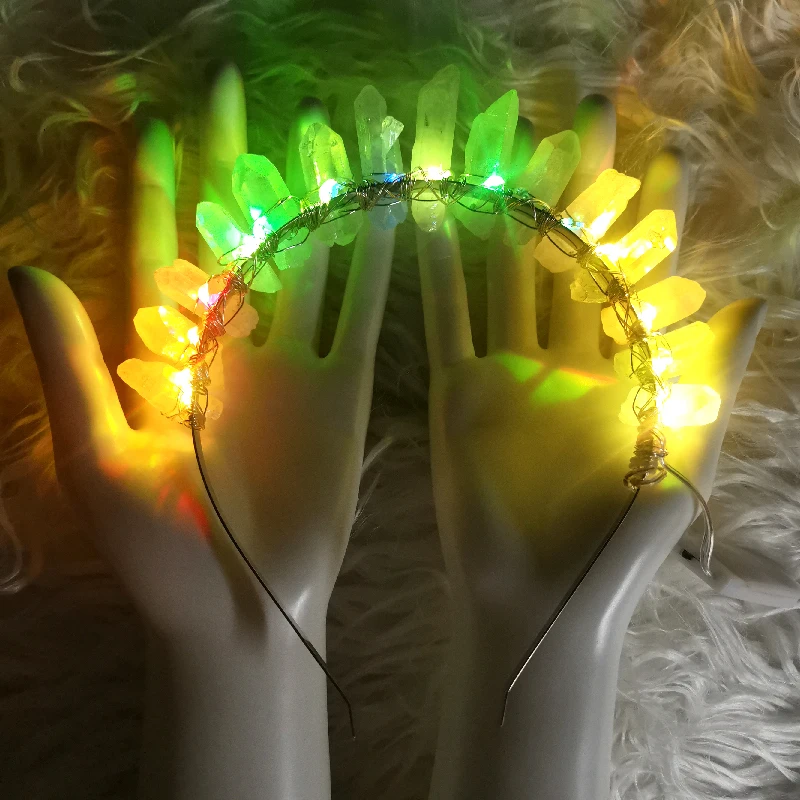 2022 LED luminescent natural crystal hair hoop pure hand web celebrity artifact hair hoop hair accessories custom for rave gears