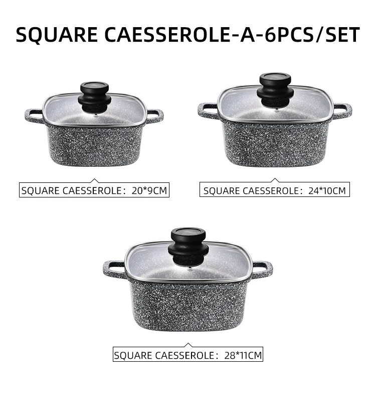6 PCS Nonstick Cookware Sets Ceramic Kitchenware Sets for Both Induction and Gas Stove Square Soup Pot