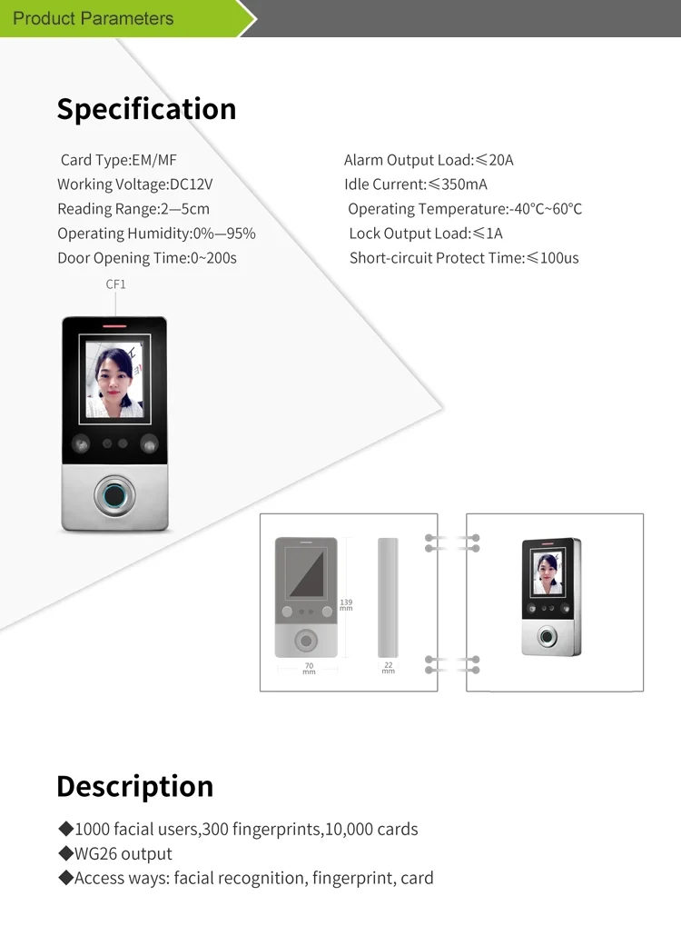 biometric Face Recognition Fingerprint access control System product rfid card
