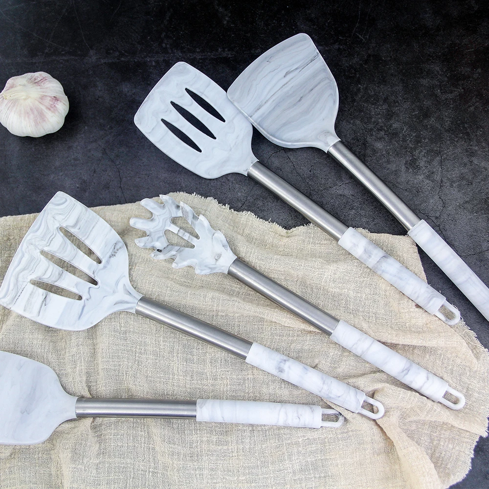 Кухонная утварь YF из пищевого силикона, кухонная утварь с ручкой из нержавеющей стали, многофункциональный мраморный набор из 15 предметов, кухонная утварь