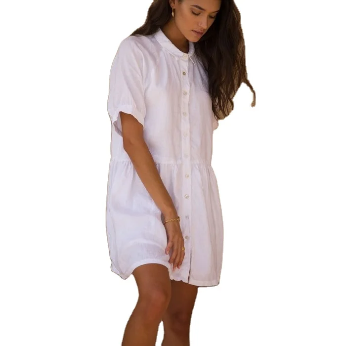 2021New arrival Summer beach fashion linen shirt dress summer spring long sleeve bamboo organic soft blouse shirt