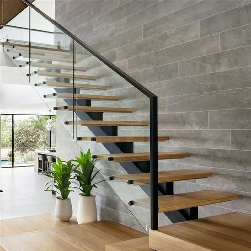CBMmart American Standard Wood Treads Indoor Stair with Led Lights Glass Railings Floating Stairs