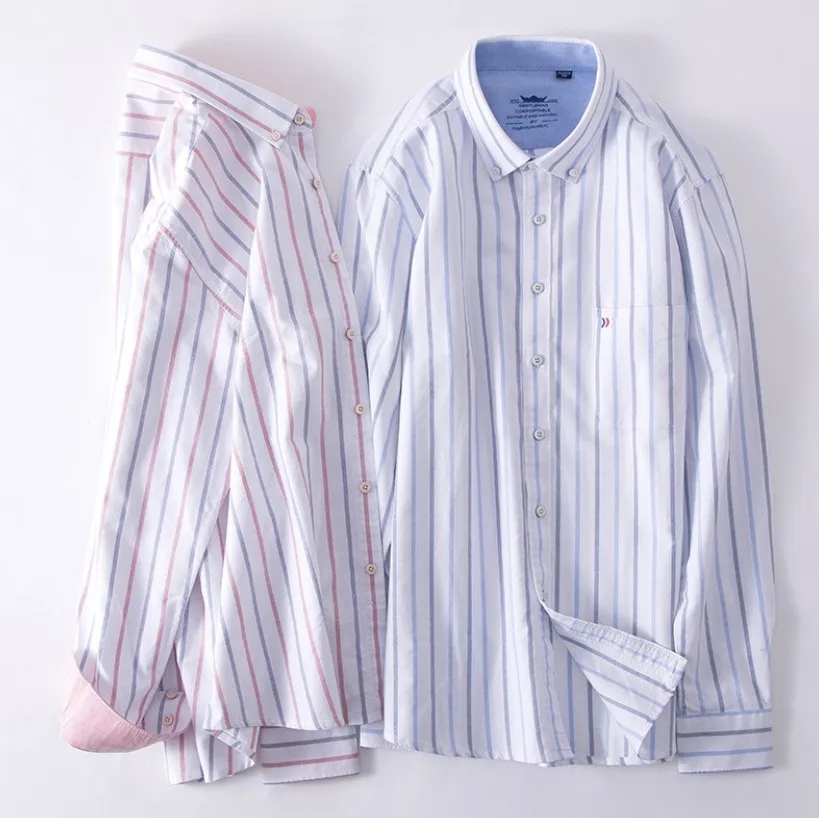 Мужская Повседневная рубашка с воротником на пуговицах, рабочая рубашка из чистого хлопка с длинными рукавами, клетчатый потертый топ из ткани Оксфорд