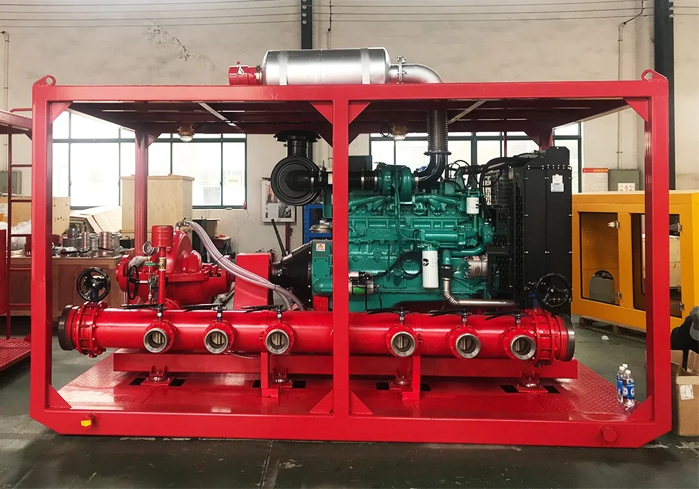Marine high flow self-priming centrifugal pump driven by diesel engine