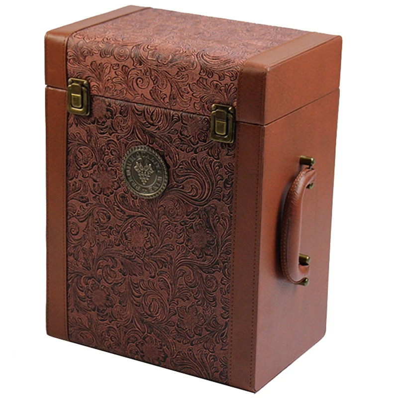 Phoenix tail pattern pu leather gift wine box free sample handmade 6 bottle wine box luxury wine box with bar tool