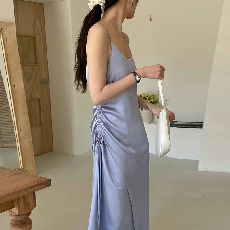 Wholesale 2023 Korean Summer French Elegant Square Neck Pleated Drawstring Lace Up Bowknot Pearly Blue Strap Dress