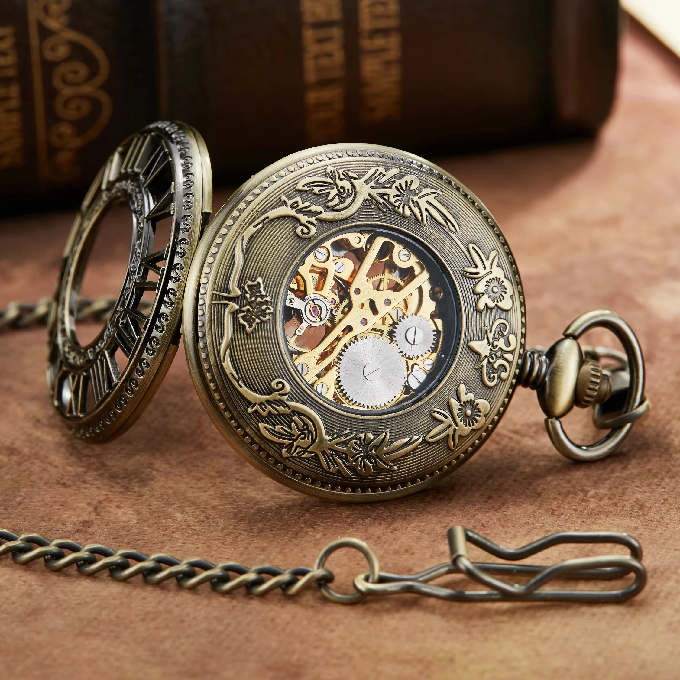 Retro Hollow Flip Cover Roman Numerals Hand Wind Mechanical Pocket Watch Steampunk Fob Chain Pendent Clock for Men Women