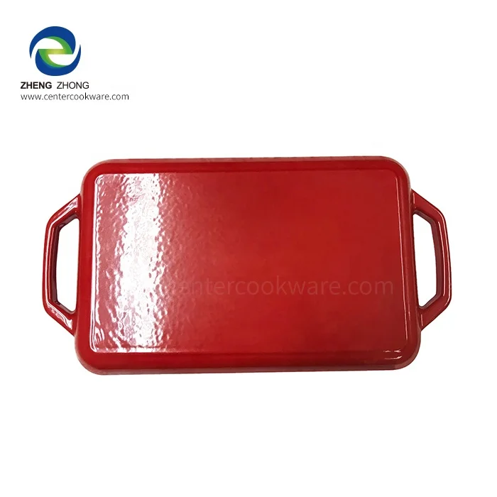 Wholesale cookware Rectangle Enamel Cast Iron Induction baking Roasting Grill Plate Griddle Bbq Plate Grill Pan