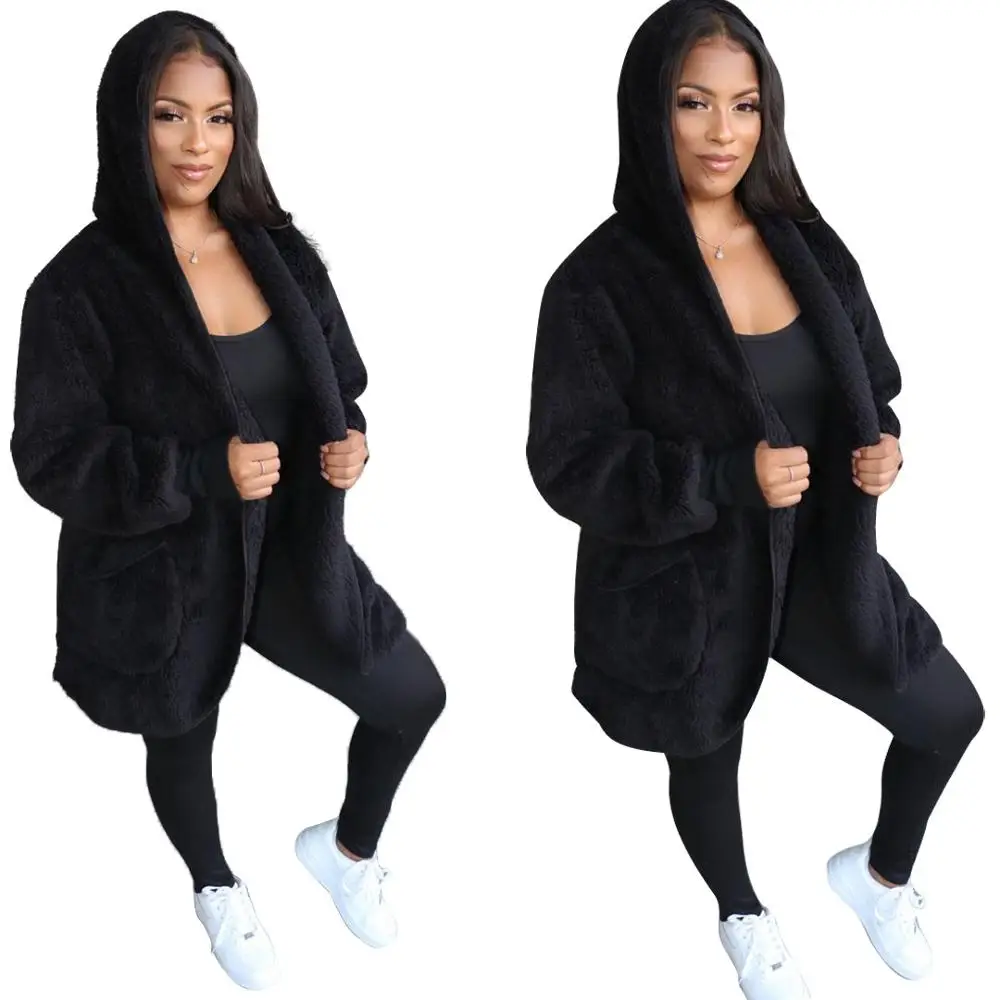 FM-YM8509 Women winter coats synthetic fluff long sleeved pocket hoodie faux fur coat