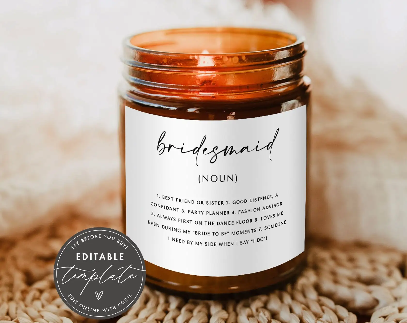 Bridesmaid Candle Label Template Proposal Maid of Honor Sticker Bridal Party Gift Printable Definition Card