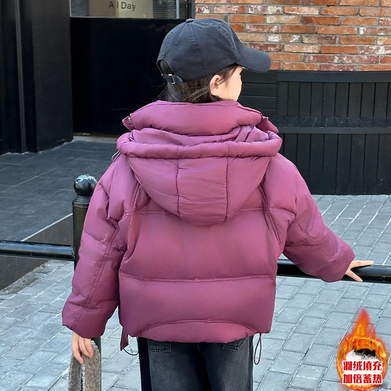 2024 New Teenagers Girls Winter Children Girl Solid Purple Gray Black Thicken Warm Down Coat 5-15 Years