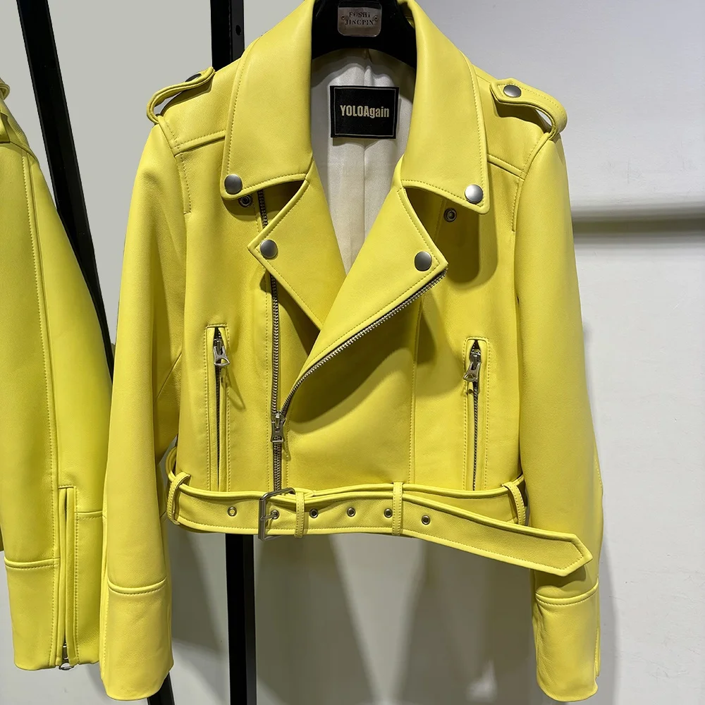 2024 Autumn yellow leather jackets woman biker leather jacket real sheepskin leather jacket