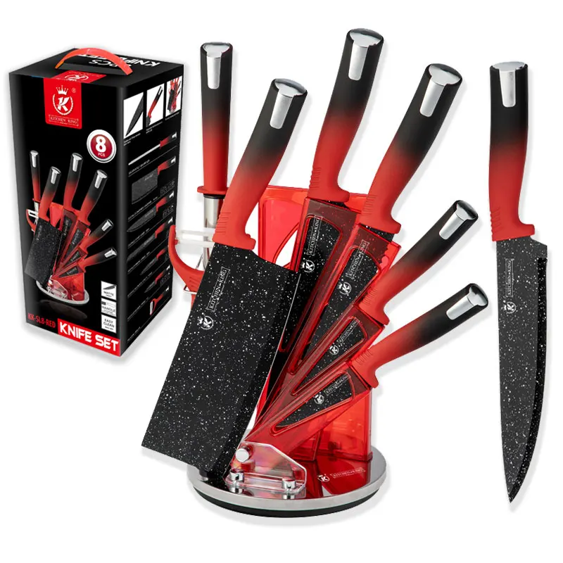 Кухня повар 8 шт. профессиональное Точило для кухонных ножей набор роскошных красного цвета набор ножей для резки мяса шеф-повара нож из нержавеющей стали с черным покрытием