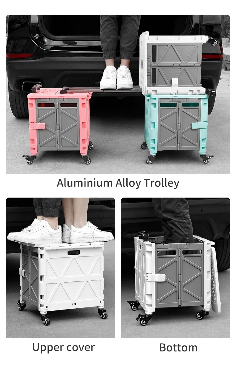 Anjuny 52L Folding Utility Cart Portable Rolling Crate Handcart Handle Plastic Box For Picnic Camping Fishing