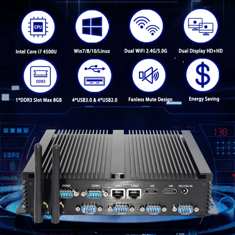 Dustproof 7*24 Industrial Computer Intel Core i7 4500U Fanless 6*COM 8GB RAM Dual Lan Industrial Mini PC
