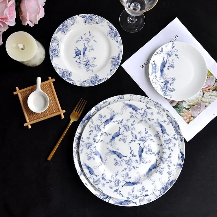 
Western dinnerware set ceramic blue white round dinner plates for restaurant 