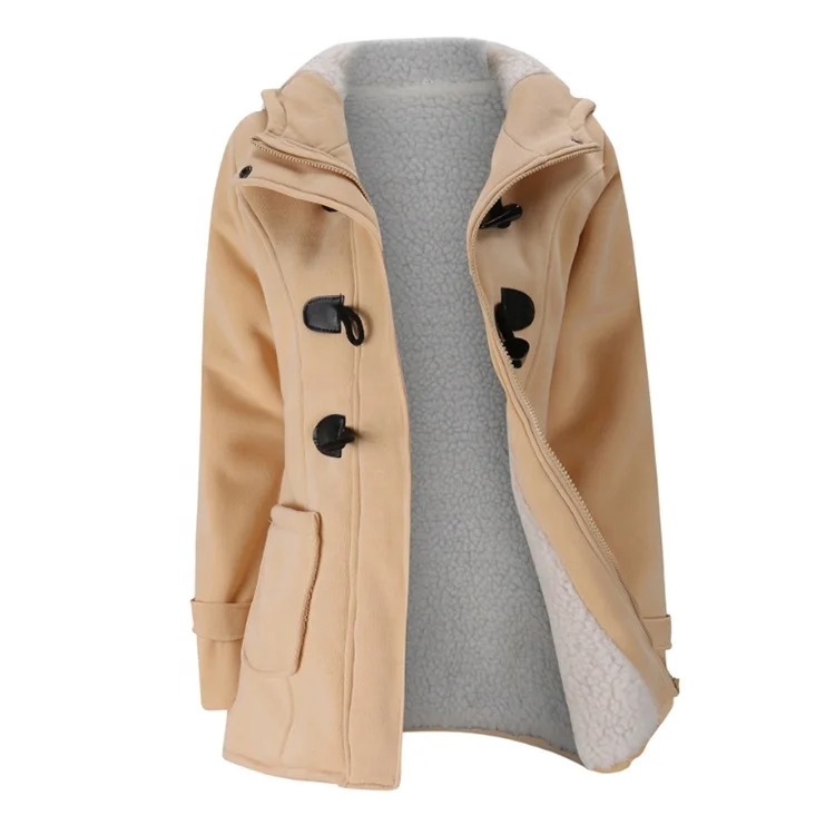 Winter Thicken Hooded Wool Coat Women Zipper Horn Button Long Wool Coat Women