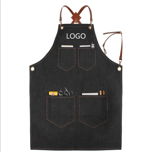 High Quality Chef Kitchen Denim Apron With Custom Logo And leather Strap Barber Apron