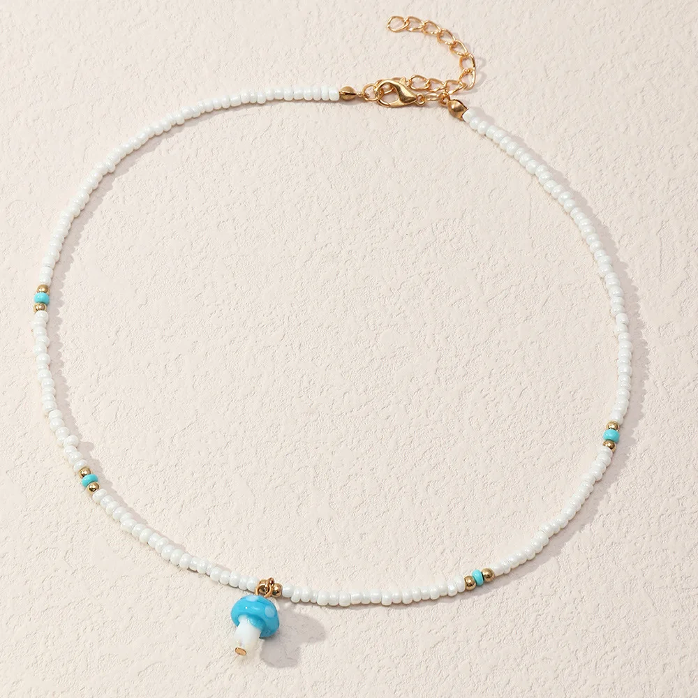 Bohemian Adjustable Choker Necklace Sweet Mushroom Seed Bead Pendant Necklace Jewelry for Women Party
