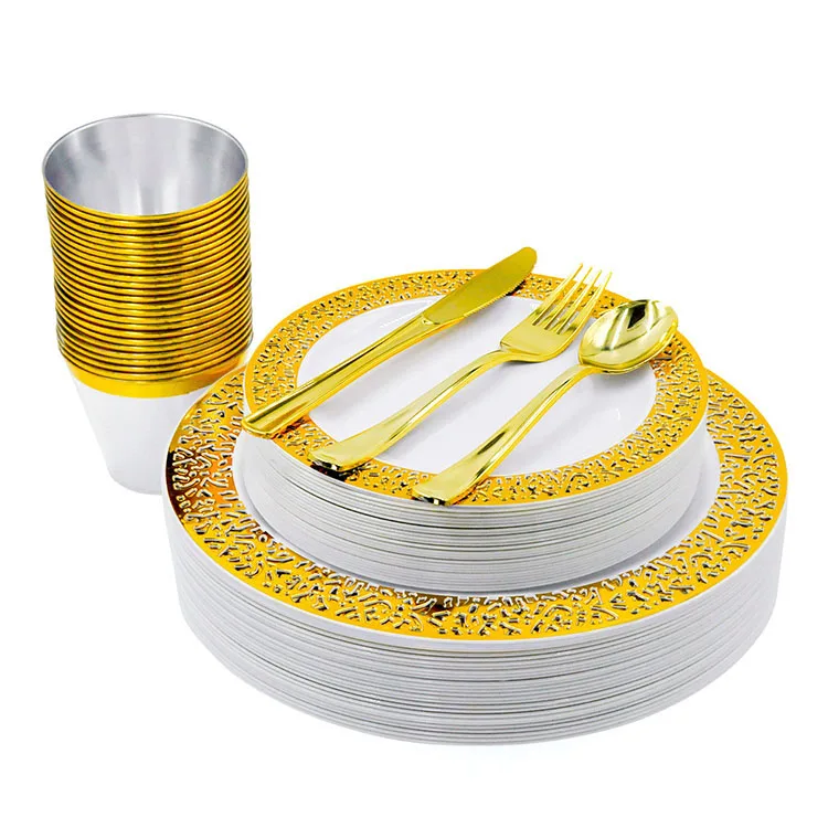 Partycool свадебные украшения золотые и серебряные Роскошные Одноразовые пластиковые тарелки столовые сервизы набор