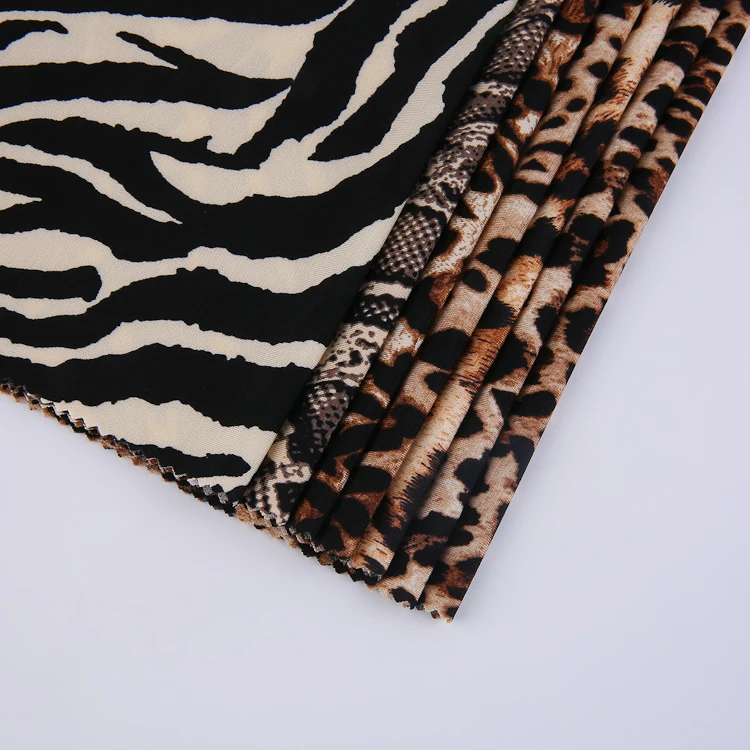 Wholesale hot sale zebra print wrap knitted fabric 95%POLY 5%SP recycled Icy yarn zebra leopard printed Fabric