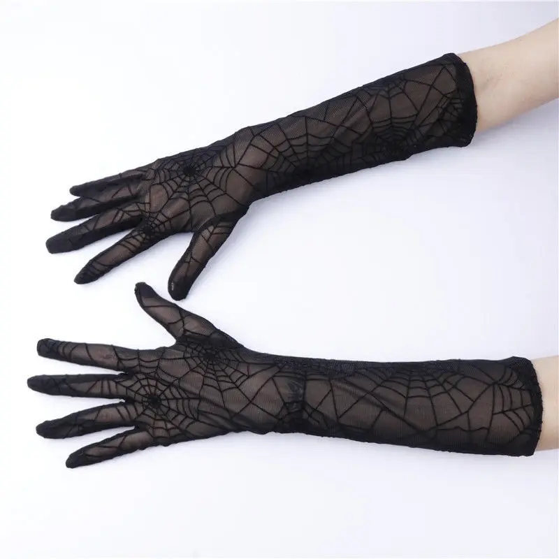 55cm Sexy Lace Thin Black Hollow Transparent Long Gloves Soft Breathable Solid Net Yarn Women Man Performance Party gloves