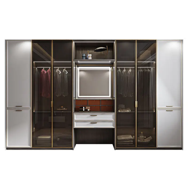 Modern White Wood PVC Sliding Bedroom Wall Wardrobe MDF Door Clothes Cabinet with Mirror Dressing Drawer Closet Design
