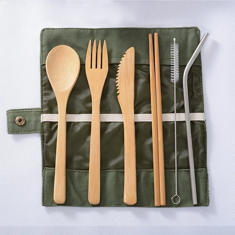 Дорожный набор посуды бамбуковых столовых приборов Набор ложек и вилок в футляре