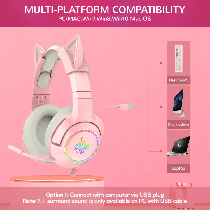 K9 Gaming Headset ONIKUMA Hot Sale Online 3.5mm/7.1mm Interface Gaming Stereo Girl Pink Cat Ears Headset for Gaming