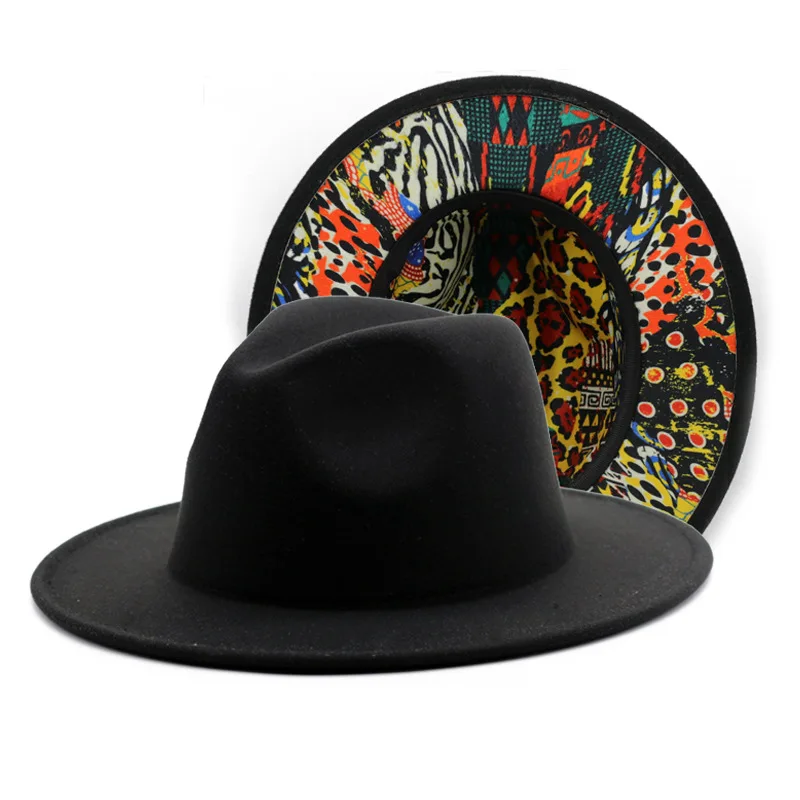 Новый стиль, черная Федора с леопардовым принтом под низом 58 см, двухцветная джазовая шляпа, разноцветная Федора с леопардовым низом, фетровая шляпа унисекс