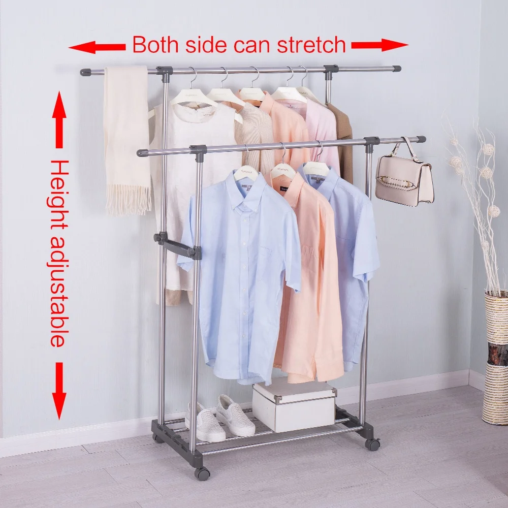 BAOYOUNI Double Pole Telescopic Clothes Rack Extendable Hanging Rail Rolling Laundry Drying Stand Garment Rack with Wheels