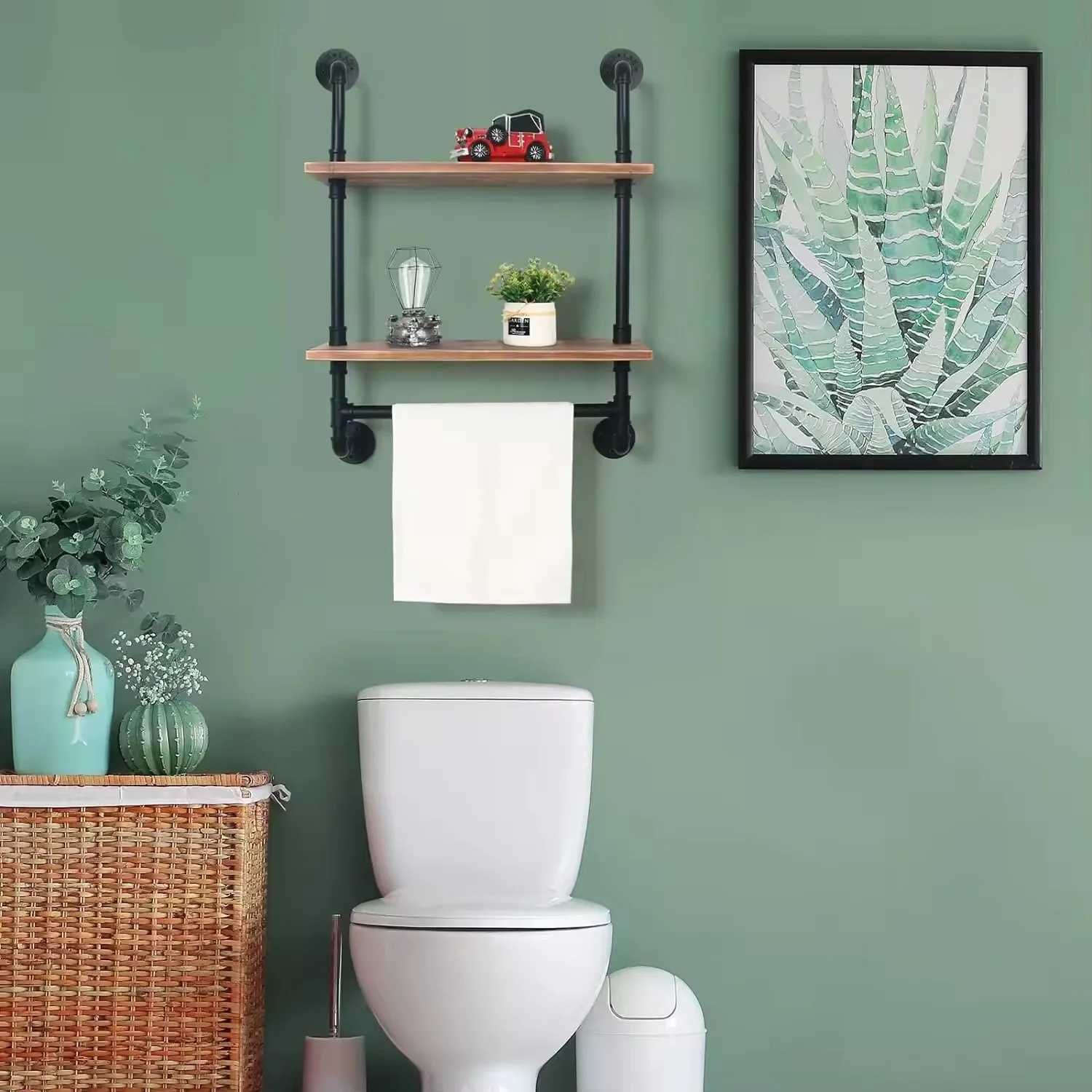 2 Tiers Industrial Matte Black Pipe Floating Shelves with Towel Bar, 24 Inch Farmhouse Vintage Style Shelf for Bathroom