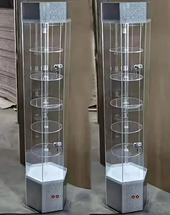 Acrylic tall cosmetics transparent gift cellphone goods glass display rack rotating cabinet