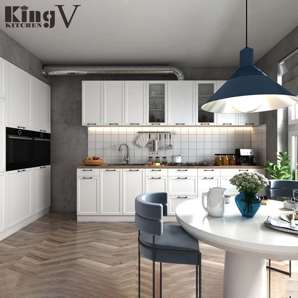 KINGV solid wood white readymade shaker curved kitchen cabinet doors cupboard modular design classic oak kitchen cabinet