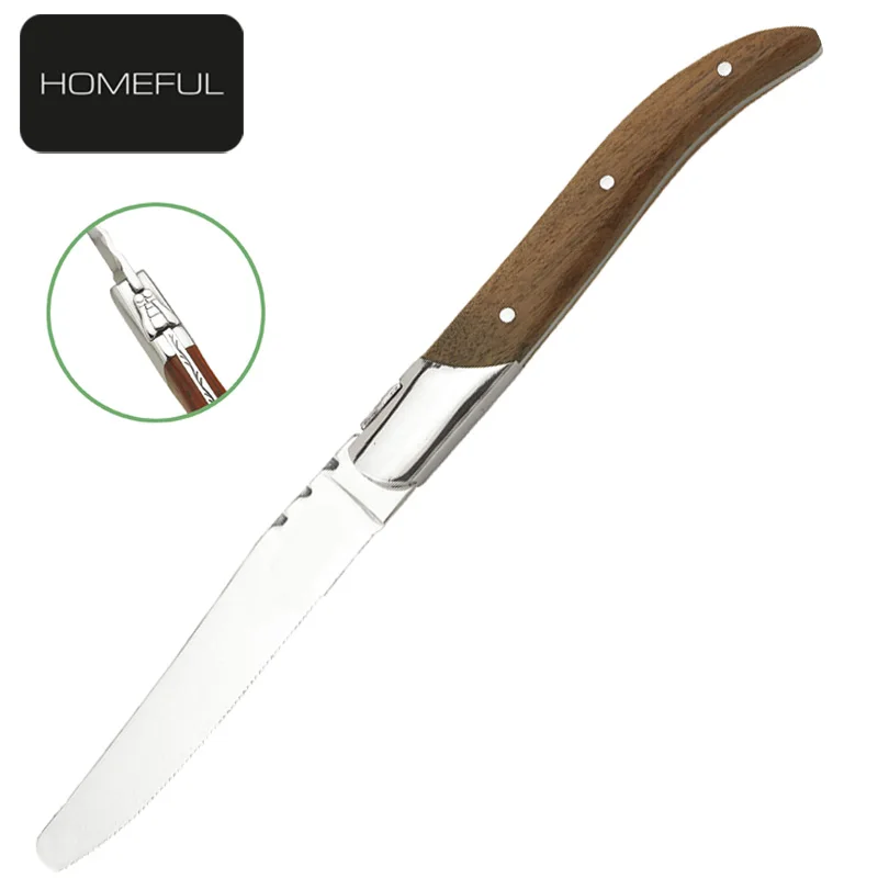 French style laguiole steak knife 420 steel round tip serrated blade with natural wood handle