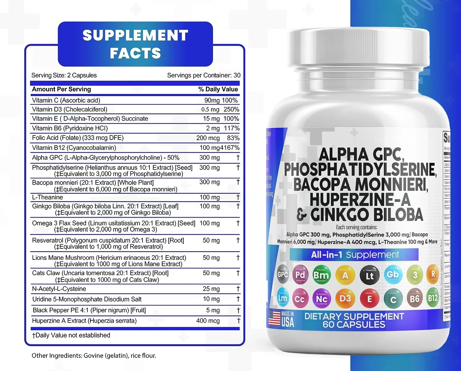 Alpha GPC Choline Capsules Phosphatidylserine Bacopa Monnieri Ginkgo Biloba Phosphatidylserine Enhanced Brain Function Adults