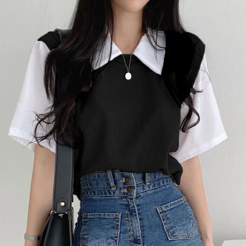 Summer Patchwork Two Piece T Shirt Women Fashion Chic Turn Down Collar Top Korean Casual Preppy Style Short Sleeve Blouse