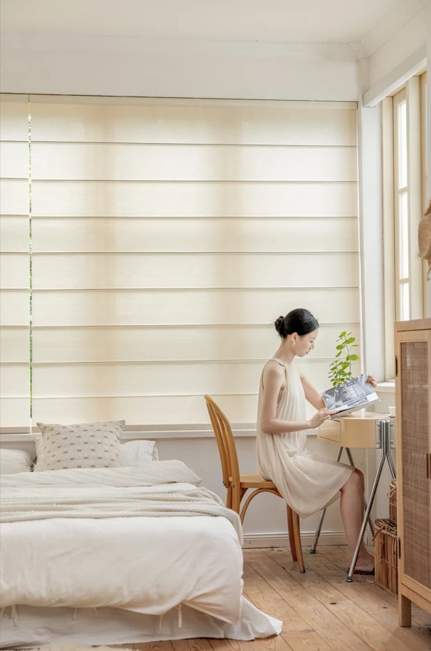 ZSTARR Home Decor French Windows Horizontal Pattern Elegant Blackout Fabric Electric Roller Shades Roman Blinds for Bedroom