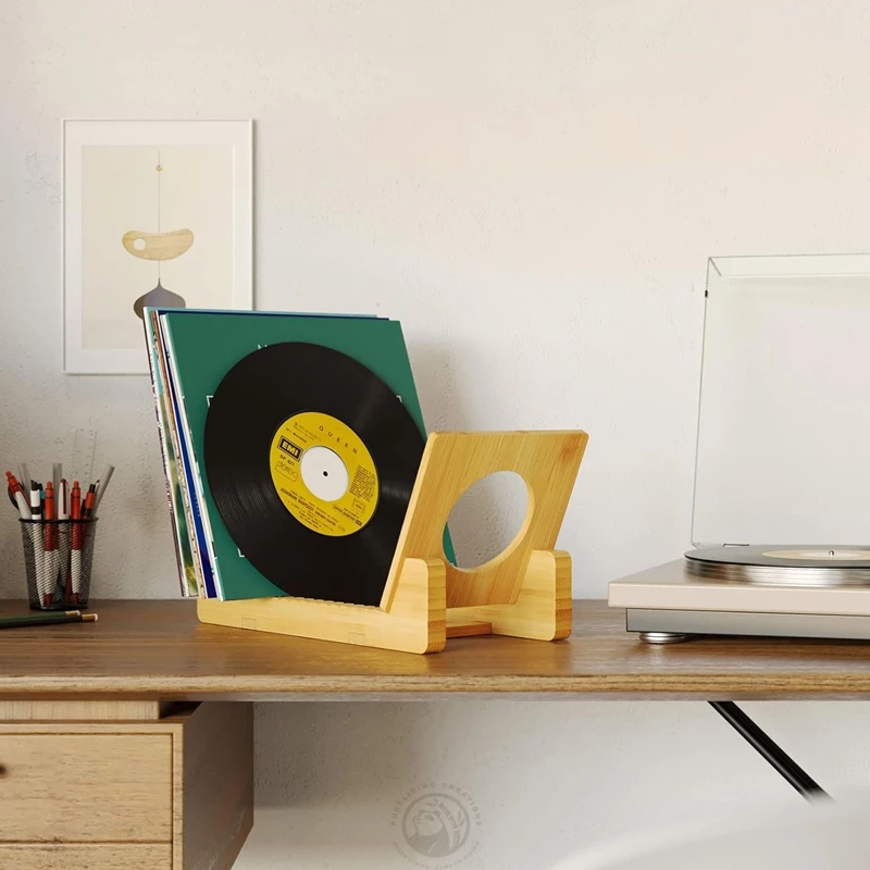 Display Up to 50 Albums Bamboo Wooden Vinyl Record Holder for Music record Storage