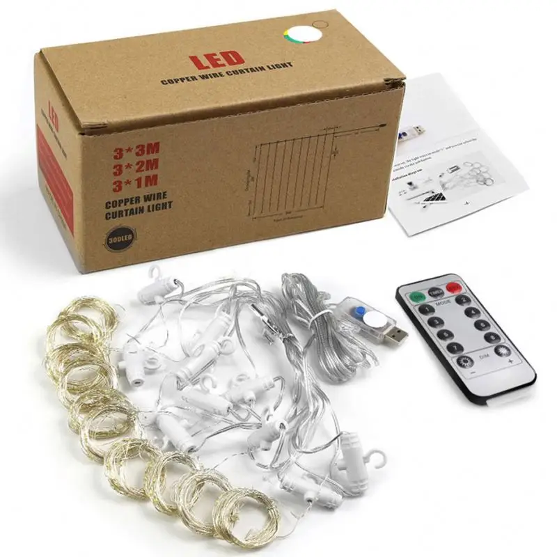 LED curtain light copper string wire for party halloween wedding Christmas 3mx3m/10ftx10ft Powered by USB