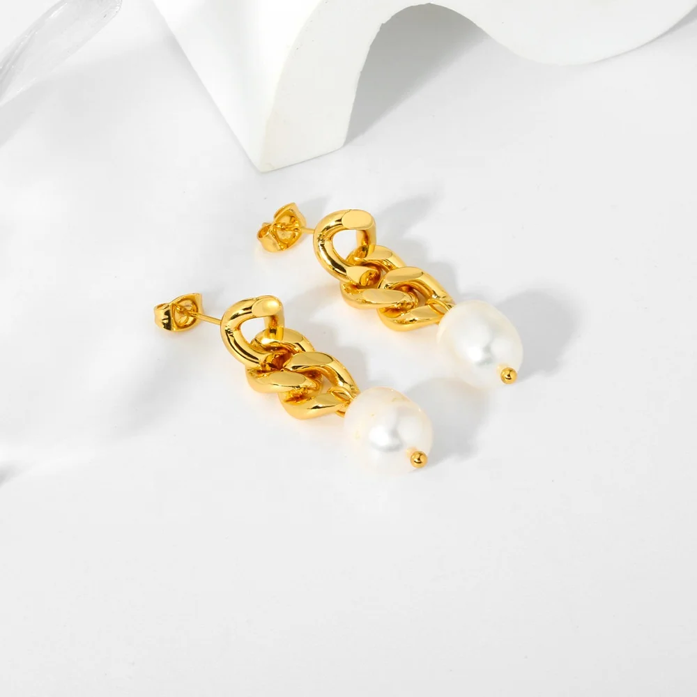Dina Vintage Waterproof Women 18K Gold Plated Chain Earrings Stainless Steel Dainty Freshwater Pearl Drop Statement Earrings