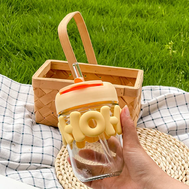 Ins Hot Cartoon Cute 350ml Thick Glass Water Bottles Silicone Protective Sleeve Milk Juice Tea Cola Drinking Mugs With Straw