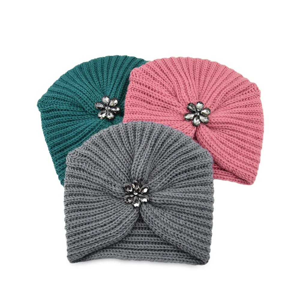 Bohemian Style Autumn and Winter Rhinestone Flower Hat Beanie for Women